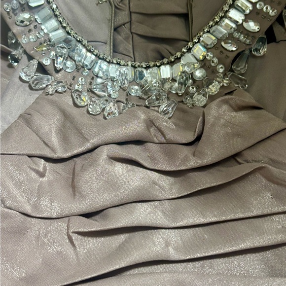 R & M Richard's Ruched Formal Dress in Taupe With Jeweled Neckline - Picture 7 of 10